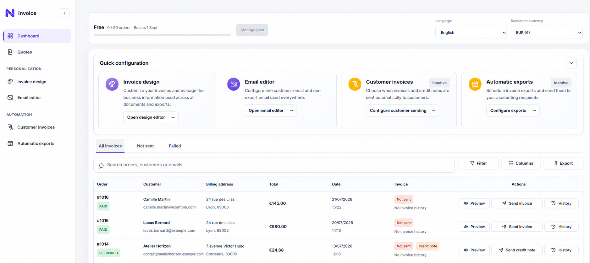 Navelis Invoice order dashboard