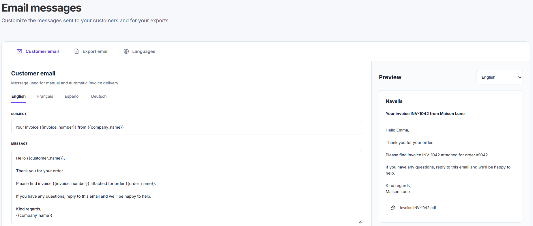 Navelis Invoice multilingual email editor and preview