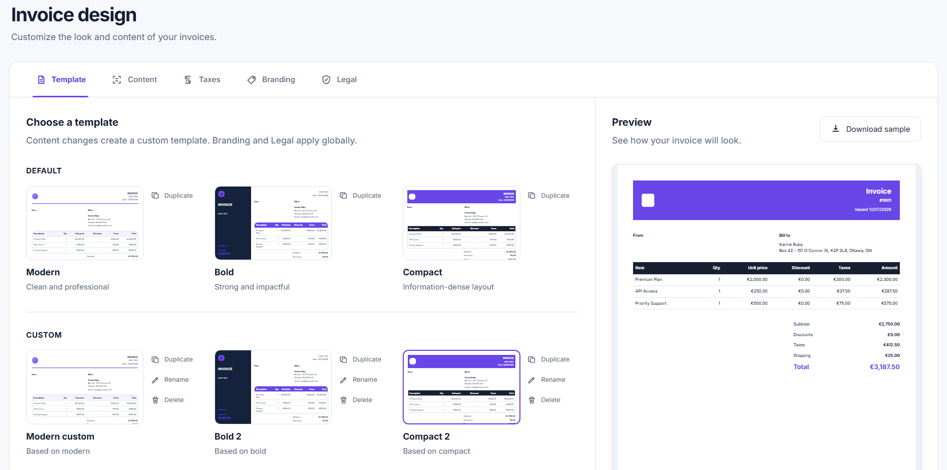 Navelis Invoice template editor and live invoice preview